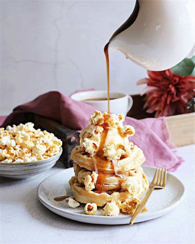 Image of Top the cooked waffles with caramel sauce, maple syrup or...