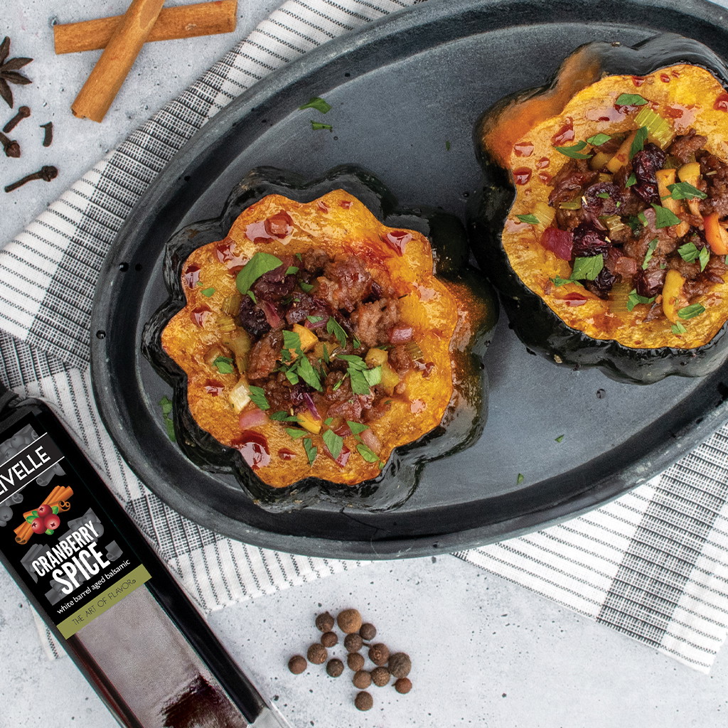 Cranberry, Apple, and Sausage Stuffed Acorn Squash