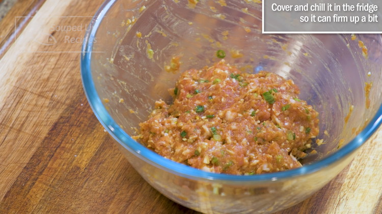 Image of Mix the filling within one direction for a few minutes to develop the texture. Cover it and chill it in the fridge as you continue working on the dough.