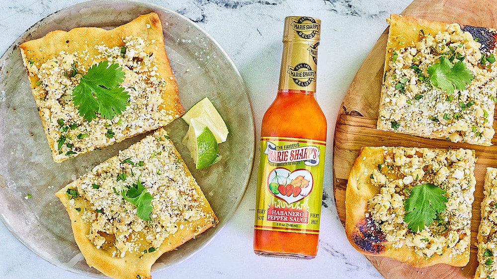 Image of Grilled Elote Flatbread with Marie Sharp’s Fiery Hot Habanero Pepper Sauce