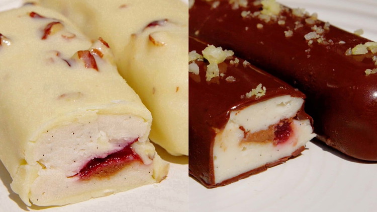 Image of After 2-3 hours when the bars are completely frozen, remove them from the mold. Dip each one in chocolate and sprinkle with nut crumbs.