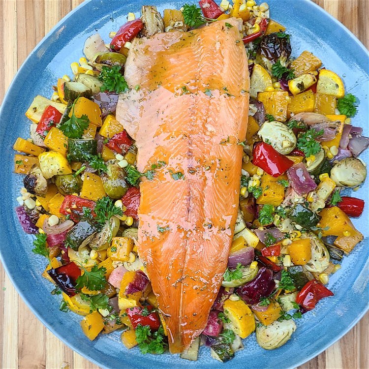 Image of Drizzle the veggies and trout generously with the herb dressing...