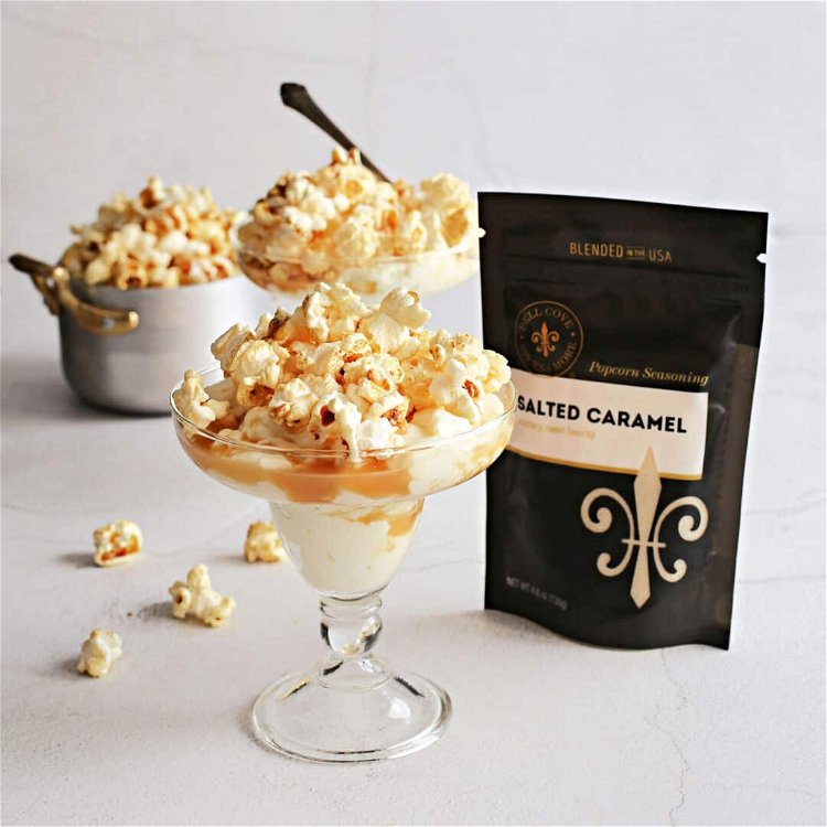 Image of To serve, drizzle on some caramel sauce, top with popcorn...