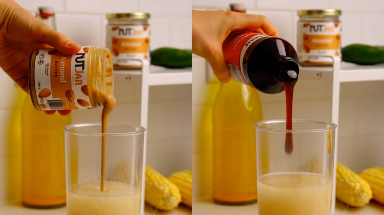 Image of Blend almond butter and water in a blender.  Add probiotic powder, and stir well.  Leave the mixture at room temperature to allow it to ferment for 6-12 hours.