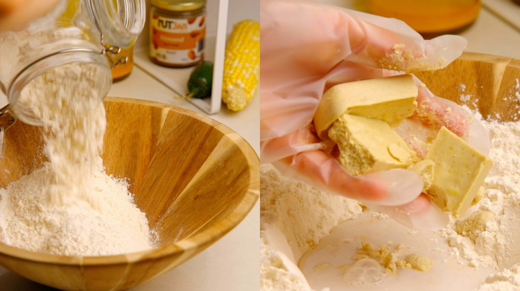 Image of In a large bowl, add the flour, baking powder, sugar, salt, corn kernels, and minced jalapeño peppers.  Whisk the ingredients together.