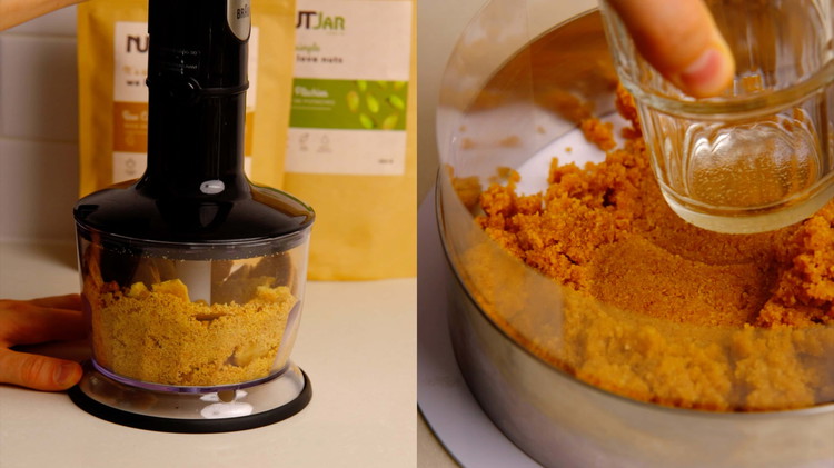 Image of Press the cookie mixture into the base of the cake tin, and smooth it out with the back of a spoon.  Set aside in the fridge.