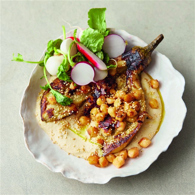 Image of Smoky Tender Aubergine, Silken Hoummous, Crispy Chickpeas, Radishes + Lemons