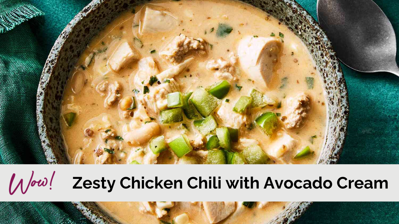 Image of Zesty Chicken Chili with Avocado Cream