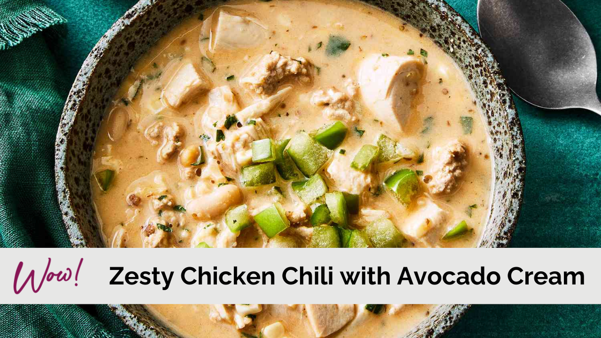 Zesty Chicken Chili with Avocado Cream
