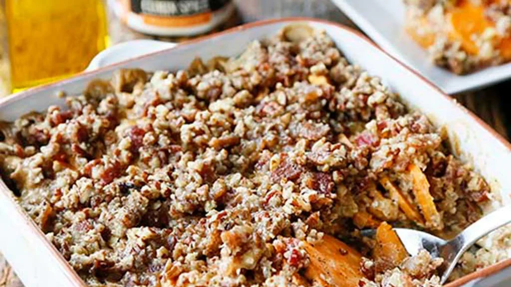 Image of Bourbon Sweet Potato Gratin with a Bacon Pecan Crumble