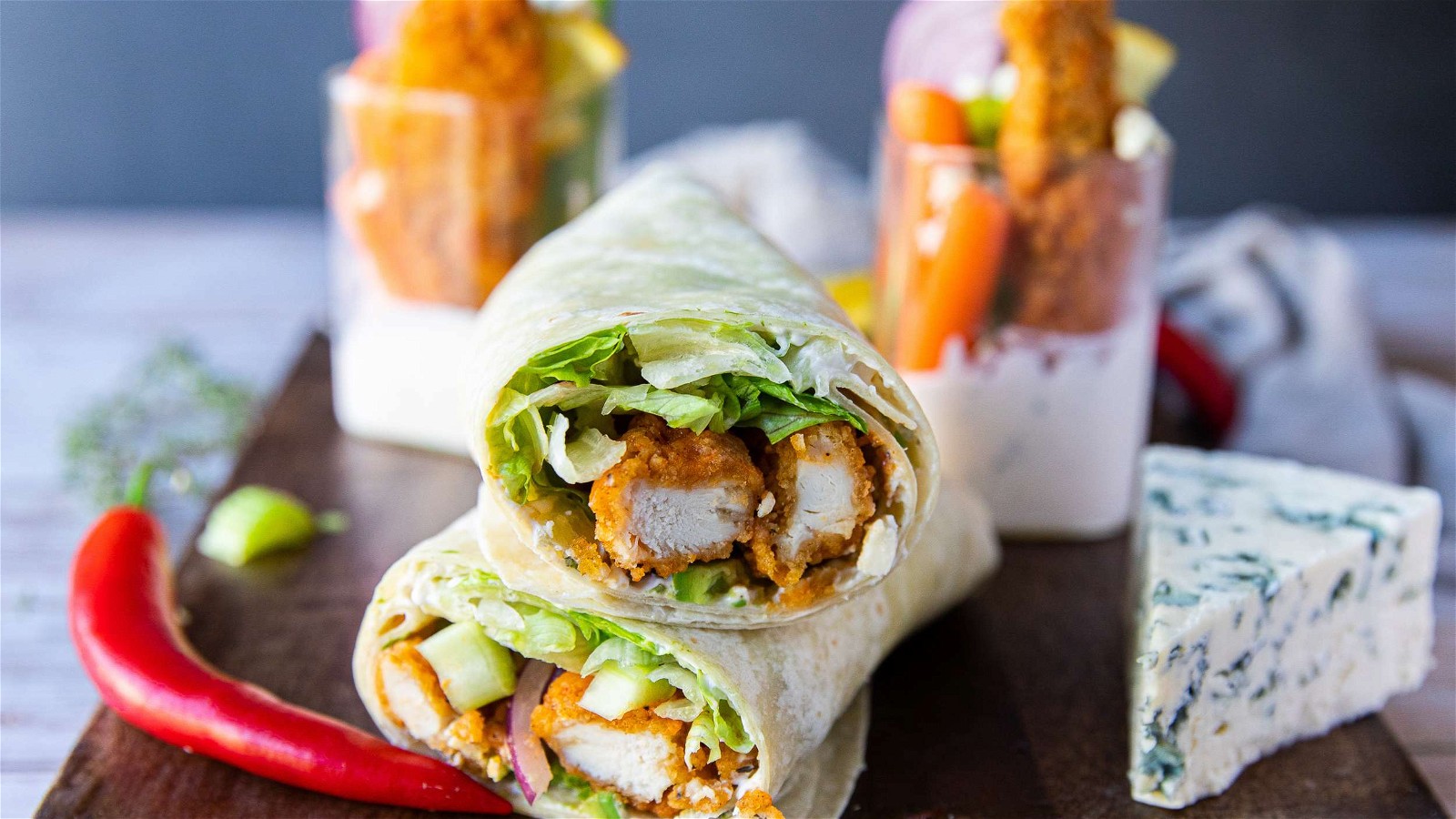 Image of Buffalo Chicken Fingers Wrap/Cup with Bleu Cheese Sauce