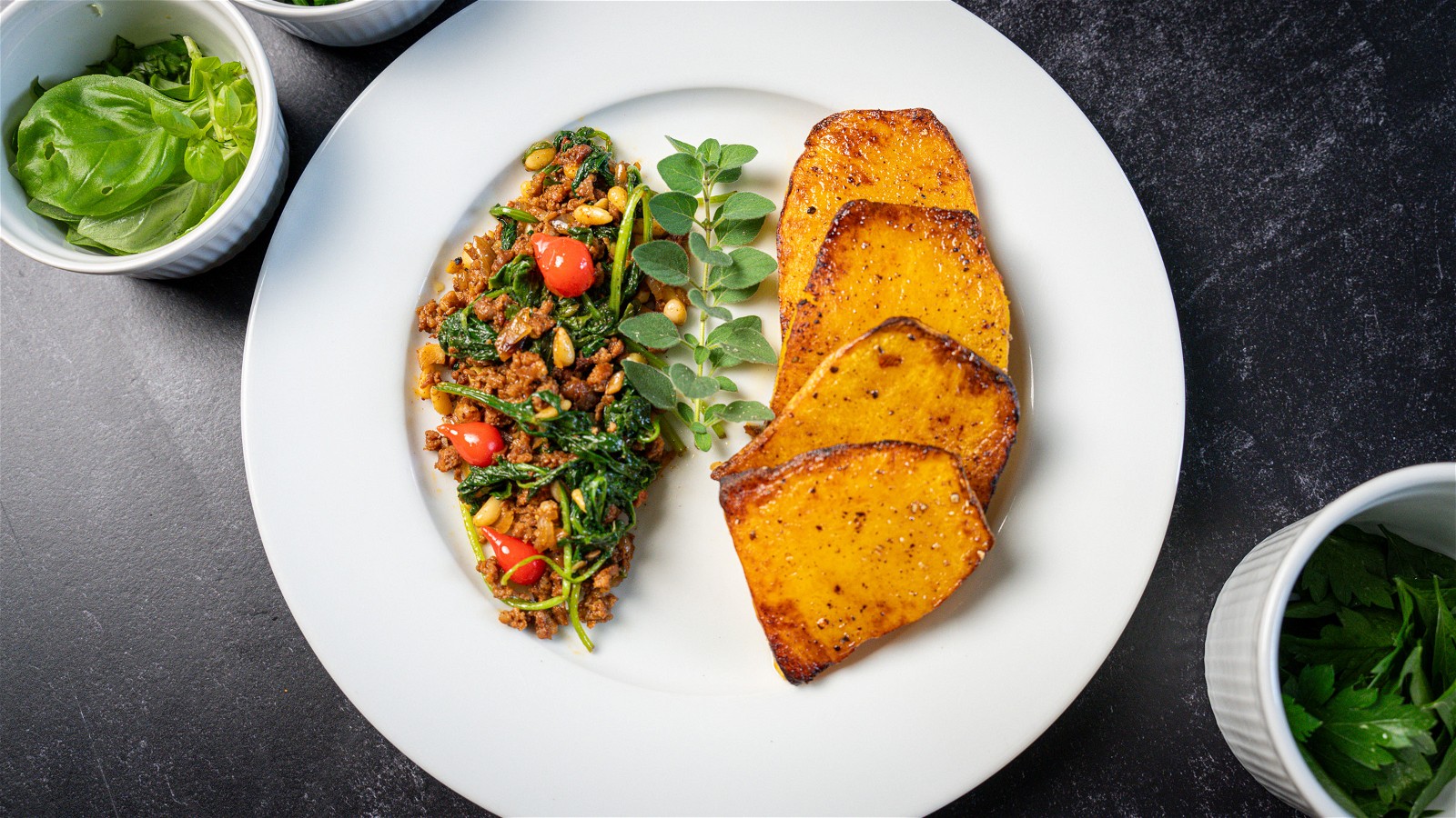 Image of Roasted Butternut Squash with Chorizo Kale