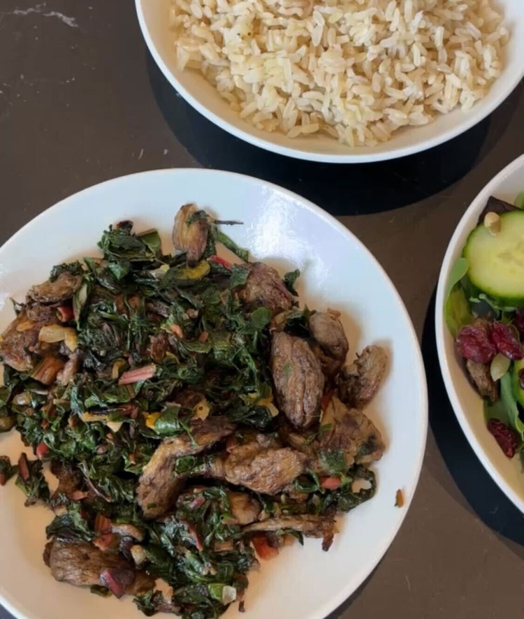 Image of Once rice is cooked, taste and enjoy with ginger beef and swiss chard