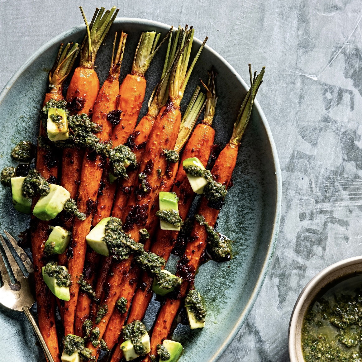 Roasted Harissa Carrots With Carrot-Top Pesto and Avocado