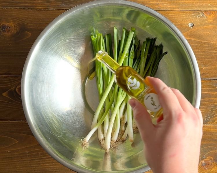 Image of Toss the spring onions in 1⁄2 tablespoon oil, season lightly...