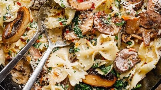 Image of Garlic Parmesan Pasta Skillet with Spinach and Chestnut Mushrooms