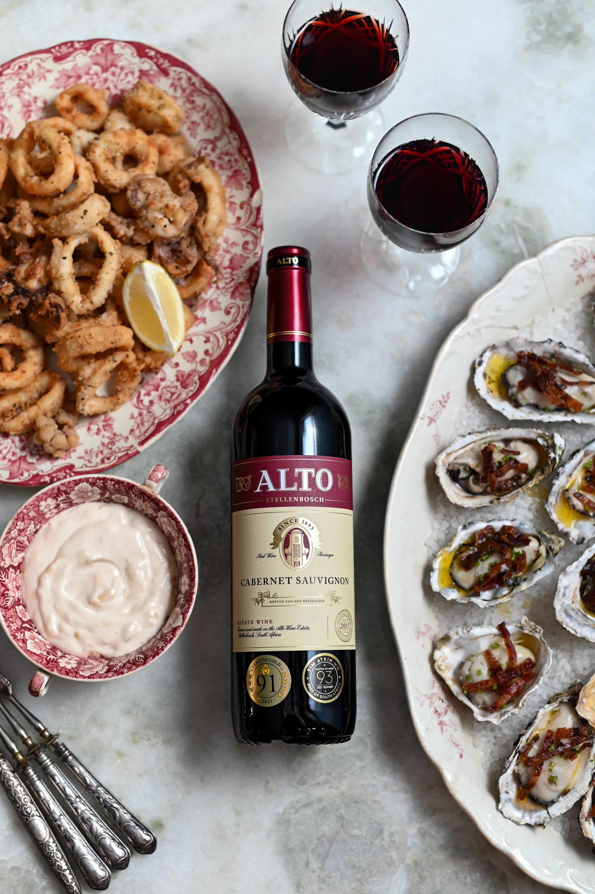 Cabernet Sauvignon & SQUID WITH BOKKOM AIOLI & GRILLED OYSTERS WITH SMOKY BACON BUTTER
