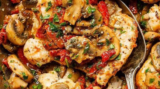 Image of Garlic Mushroom Chicken Thighs with Sun-Dried Tomatoes Recipe