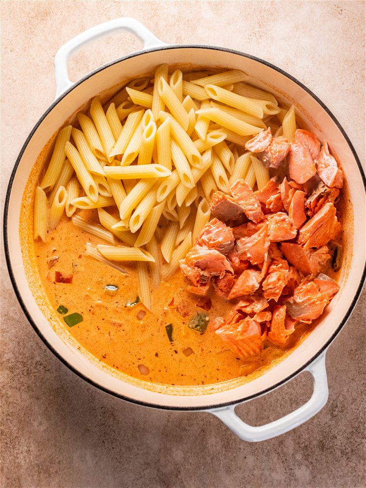 Image of Add cooked pasta and flaked salmon to pot. Stir gently...