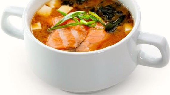 Image of Simple Miso Soup with Salmon, Tofu, and Mushrooms