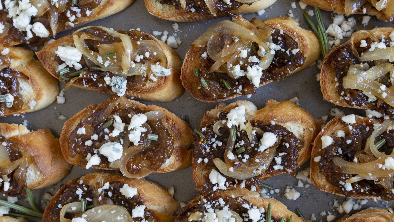 Image of Crostini with Fig, Caramelized Onions, and Blue Cheese