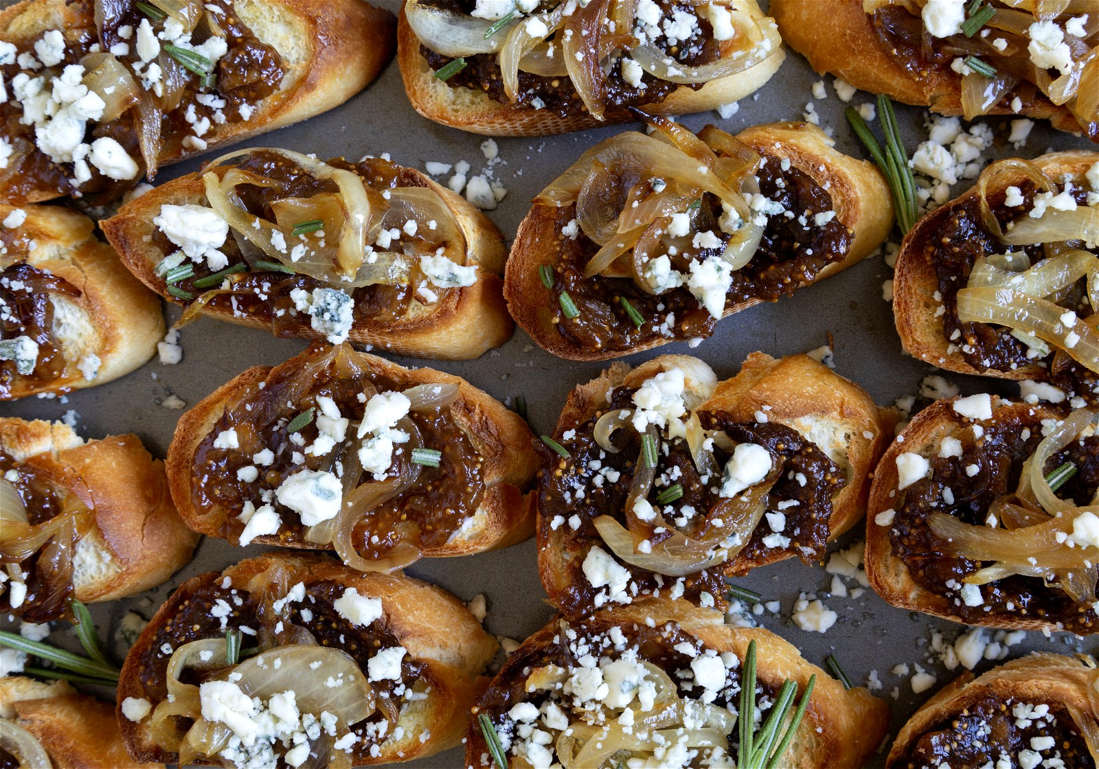 Image of Crostini with Fig, Caramelized Onions, and Blue Cheese