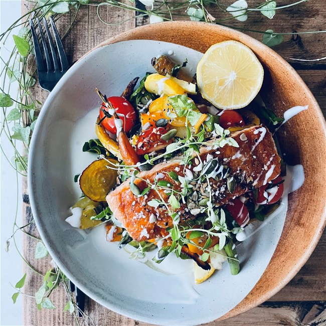 Image of Pan Fried Salmon With Honey Roasted Veg