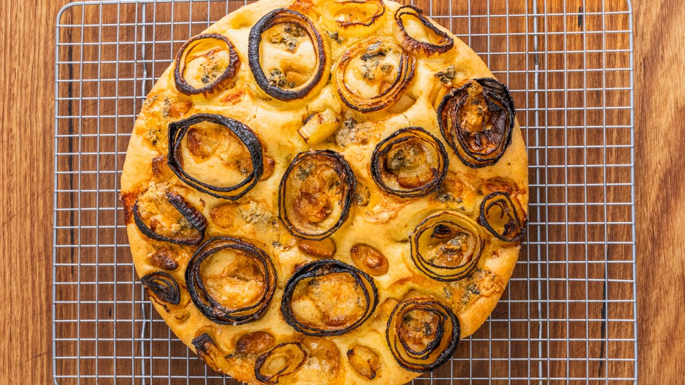 Image of Focaccia with caramelised onions, blue cheese and confit garlic