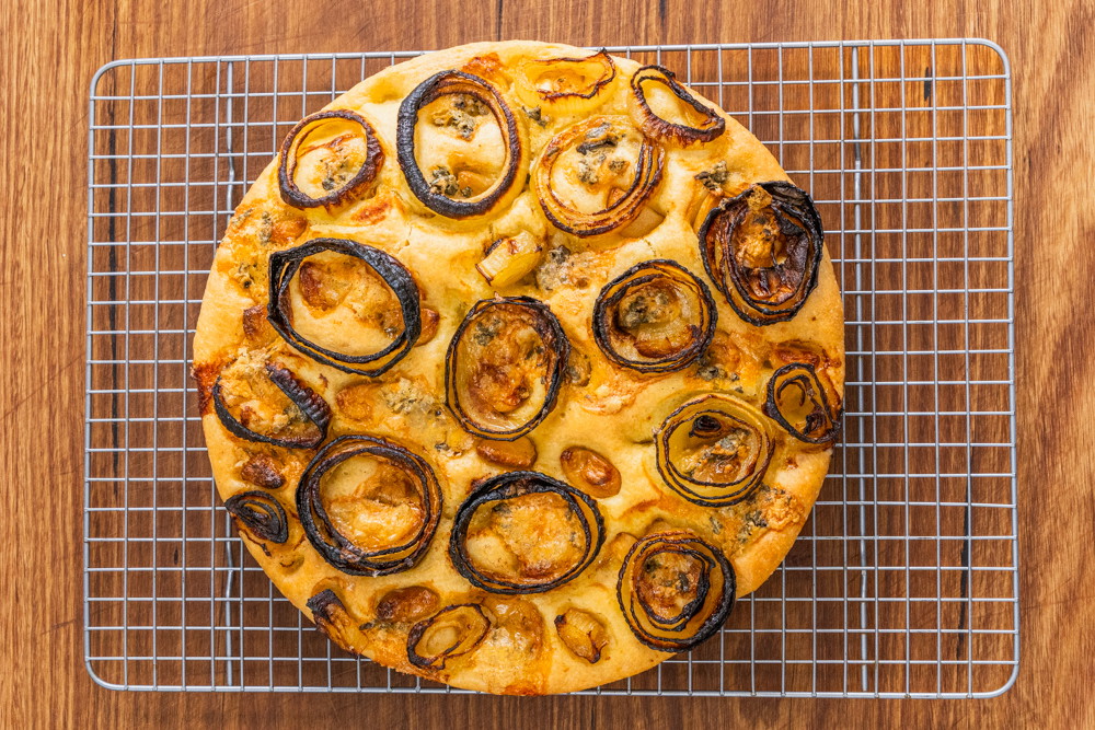 Focaccia with caramelised onions, blue cheese and confit garlic