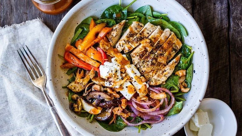 Image of Mushroom Salad with Greens and Grilled Chicken