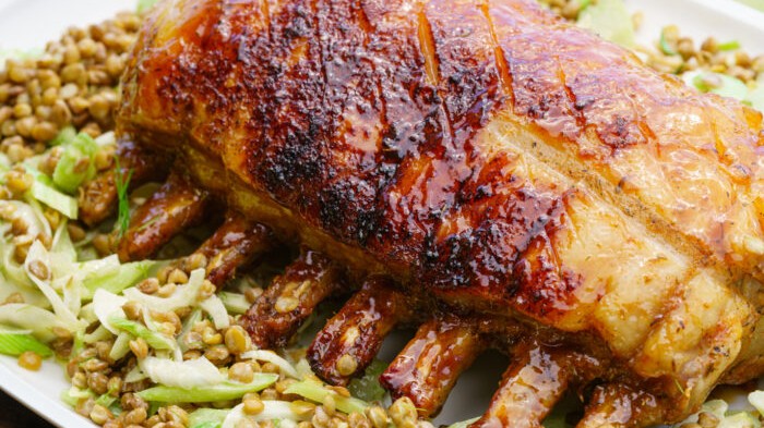 Image of Peach-Glazed Pork Rack with Celery Lentil Salad