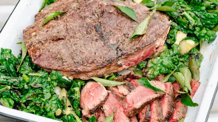 Image of Beef Steaks w/ Curry Leaves + Grilled Onion Kale Salad