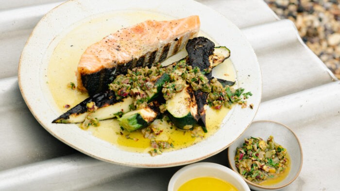 Image of Lemon Butter Salmon w/ Pistachio + Preserved Lemon Salsa