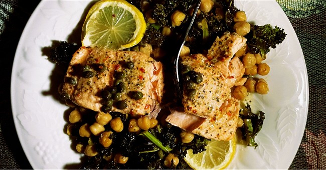 Image of Lemon Salmon with Crispy Kale and Roasted Chickpeas Recipe