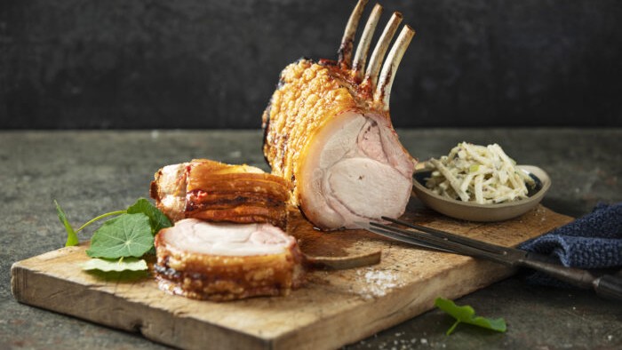 Image of Spit-roasted 65ºC bone-in pork loin with fennel, paprika, lemon zest & garlic