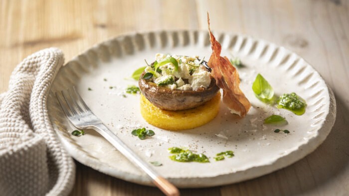 Image of Flame-grilled portobello mushrooms with crispy grilled polenta, lemon thyme, chévre crumb & pesto