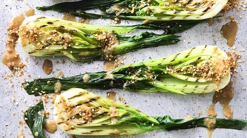 Image of Baby bok choi with warm miso and ginger dressing