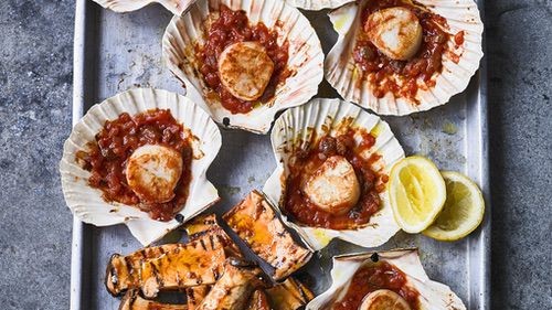 Image of Baked Scallop with Tomato and Marinated Mushrooms