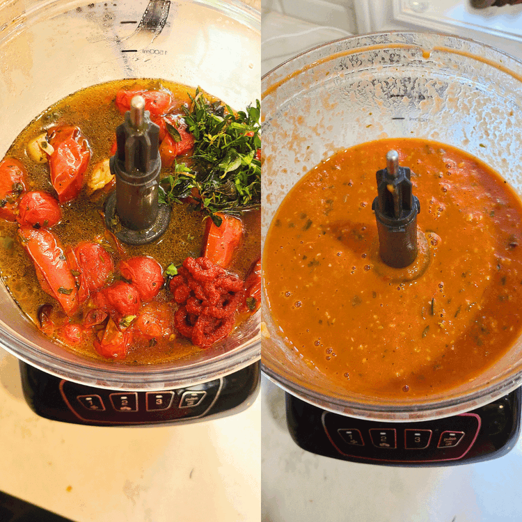 Image of Combine the tomatoes, garlic and all the beautiful juice in a blender or food processor, add in the reserved crispy herbs and 2 tbsp of tomato paste. Pulse until a smooth consistency is reached. Note: A blender will do a...