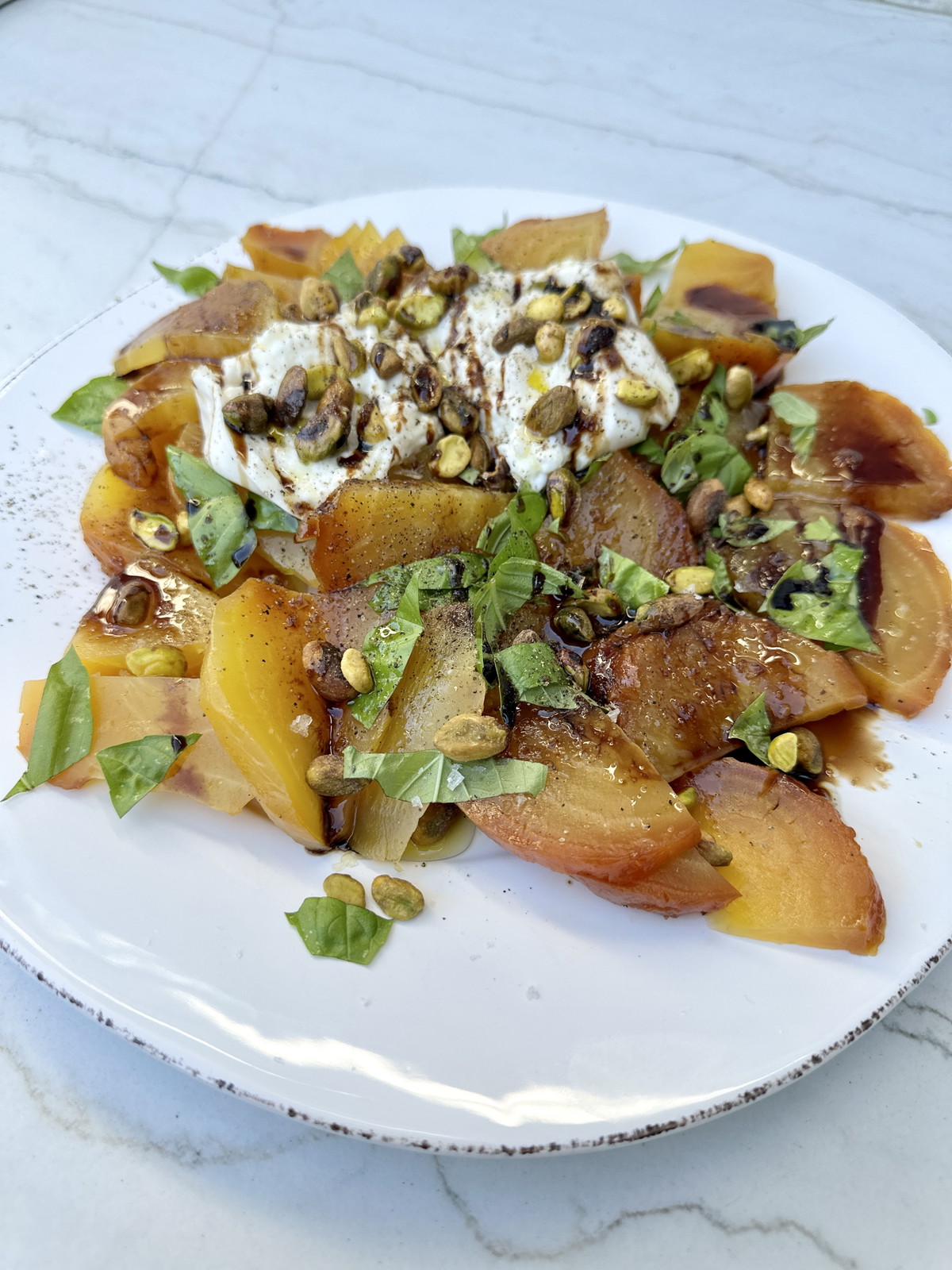 Roasted Beets with Burrata and Pistachios