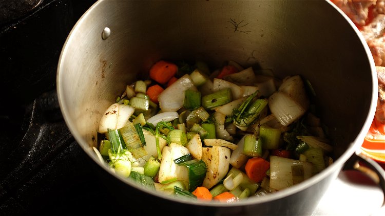 Image of Add the onion, carrots, celery, fennel and leeks to the...