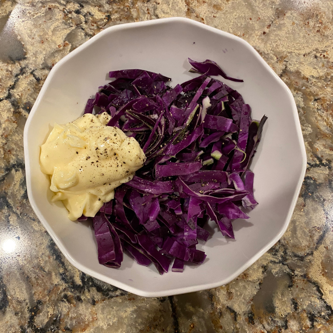 Image of To make the creamy purple slaw, combine the sliced cabbage,...