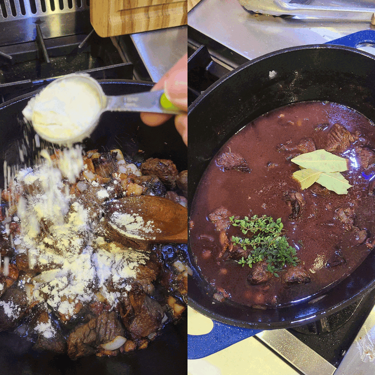 Image of Add the flour and stir to coat the meat with it. Then, add the wine, bay leaves and thyme, season with salt and pepper and bring to a boil, stirring well to dissolve any brown bits stuck to the bottom...