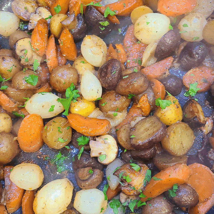 Image of In a large skillet, combine the pearl onions, mushrooms, carrots and potatoes. Add the remaining 1/8 cup of duck fat, 1/4 cup of water and a large pinch each of sugar, salt and pepper. Bring to a boil, cover and...