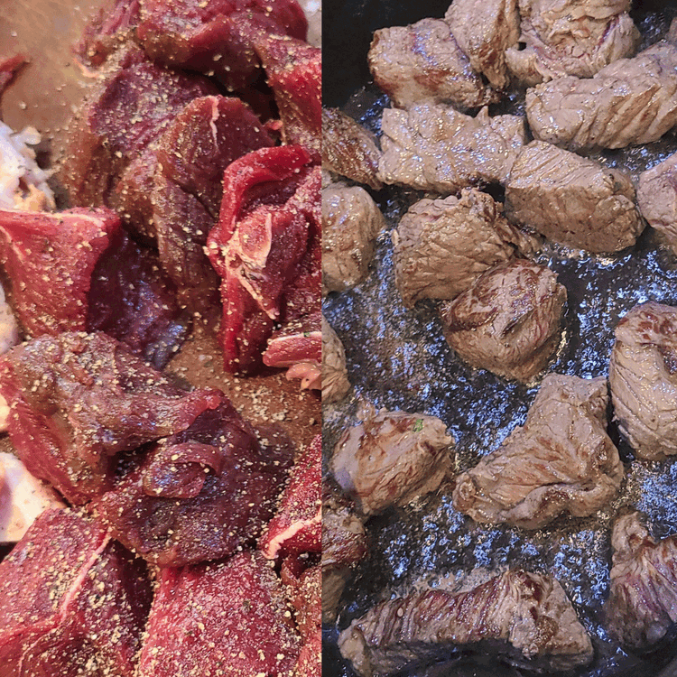 Image of Season the elk with salt and pepper. Arrange the meat in the casserole in a single layer and cook over moderately high heat, turning occasionally, until browned on all sides, 8 minutes.