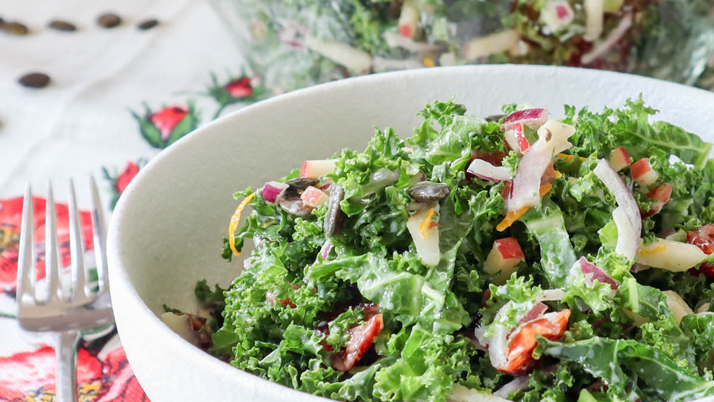 Image of kale and cranberry salad with probiotic dressing