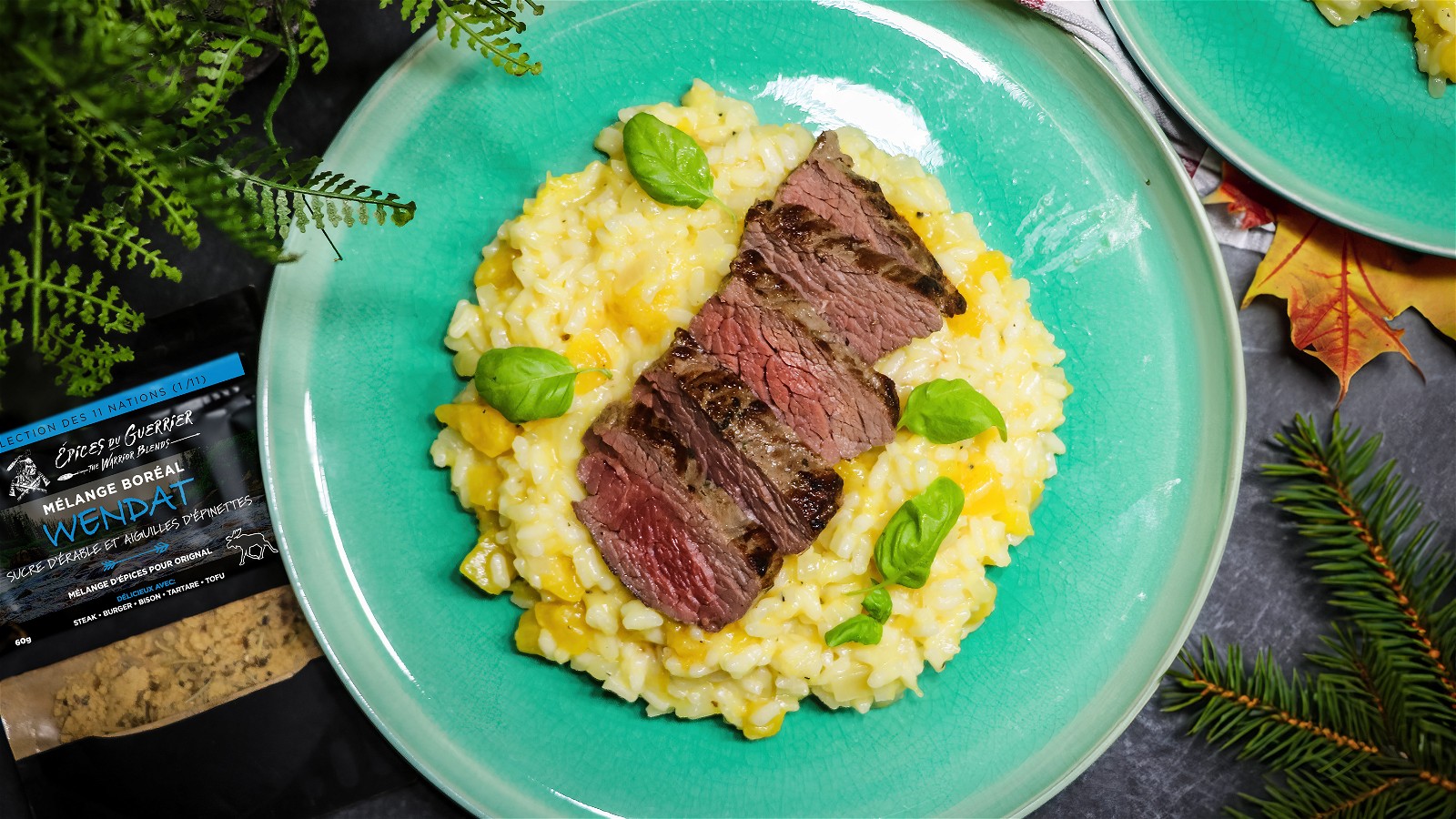 Image of Bavette de boeuf au Mélange Wendat et risotto à la courge