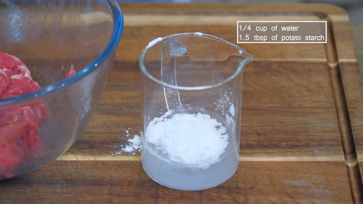 Image of Mix 1/4 cup of water with 1.5 tbsp of potato starch until no lumps. Pour it into the beef in batches and mix until the starch water is absorbed. The starch and egg white will create a soft layer that...