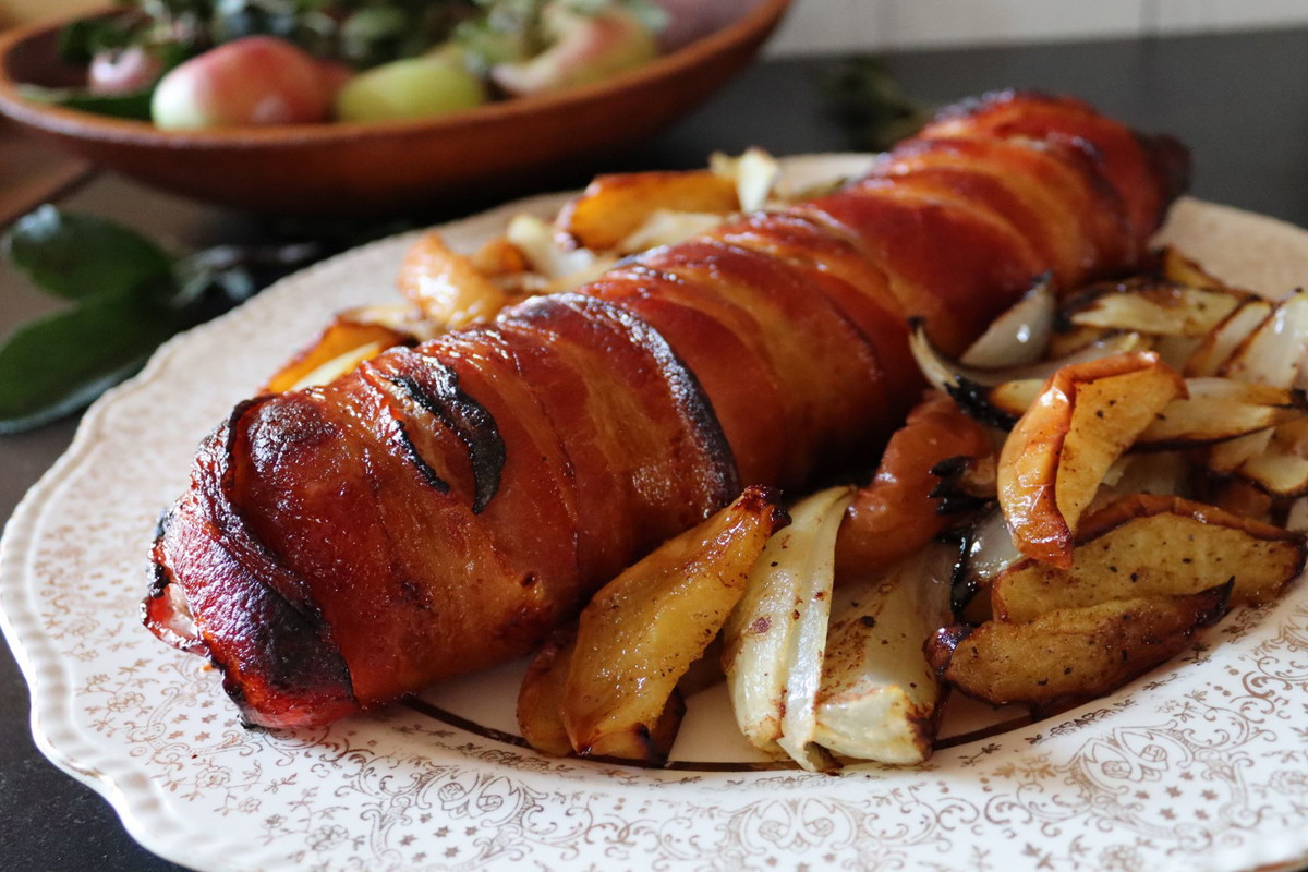 Bacon Wrapped Pork Loin with Roasted Apples