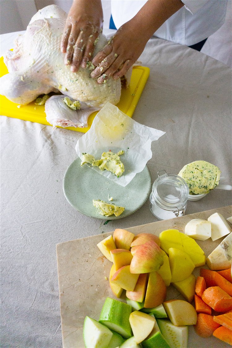 Image of Cut the apple, zucchini, celery root, potato, carrot, and onion...